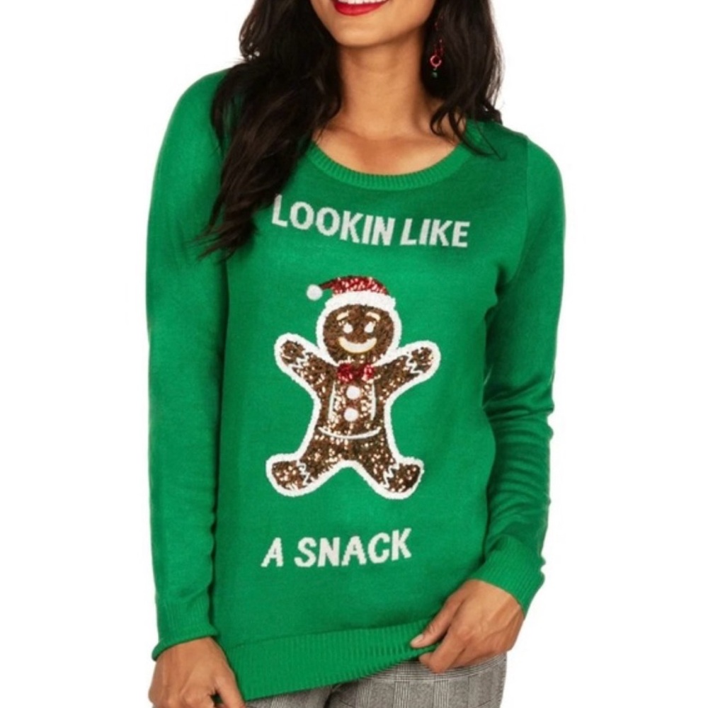 Tipsy Elves Ugly Christmas Sweater Gingerbread Looking Like A Snack Sweater L